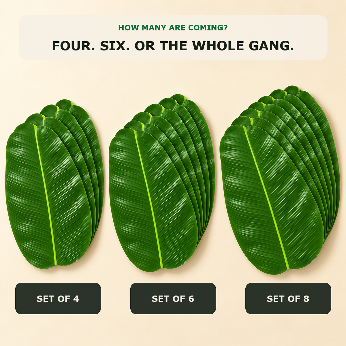 VANA banana leaf table mats: texture, two sizes, set options and everyday dining versatility