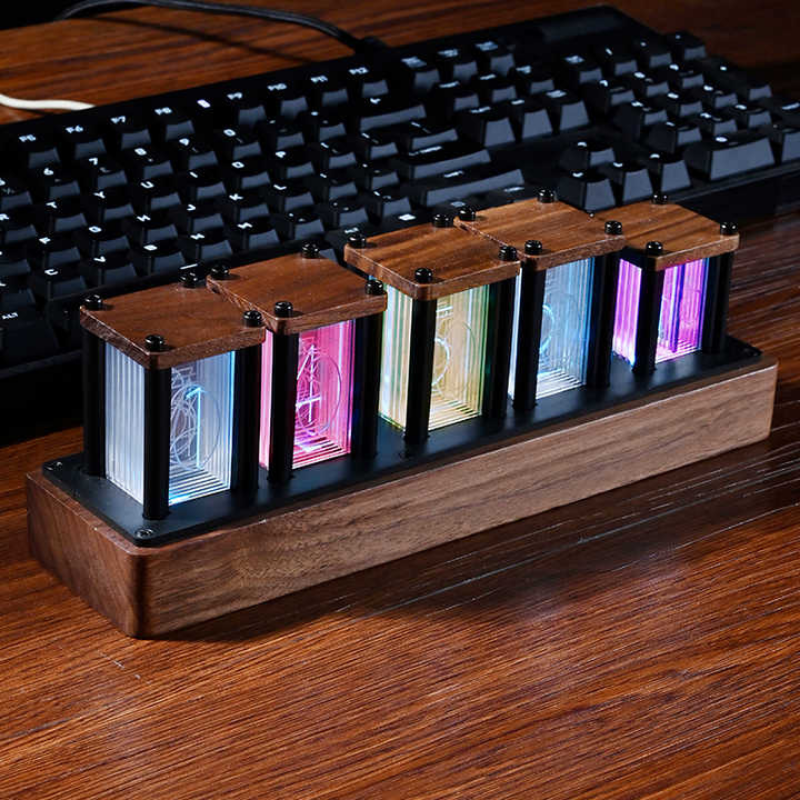 Walnut Nixie-Tube Style RGB LED Clock | Retro Digital Timepiece