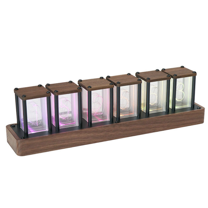 Walnut Nixie-Tube Style RGB LED Clock | Retro Digital Timepiece