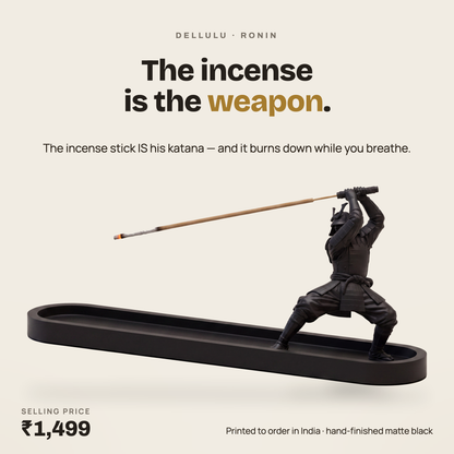 RONIN samurai incense holder — matte black 3D-printed figure holding a burning incense stick over a 250 mm ash dish