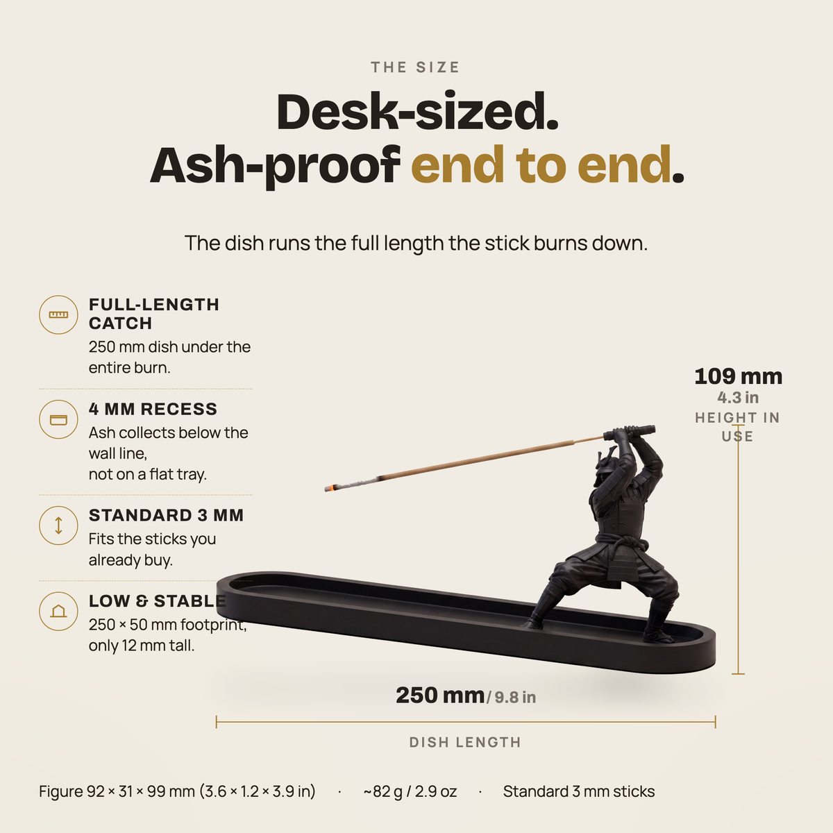 RONIN samurai incense holder — matte black 3D-printed figure holding a burning incense stick over a 250 mm ash dish