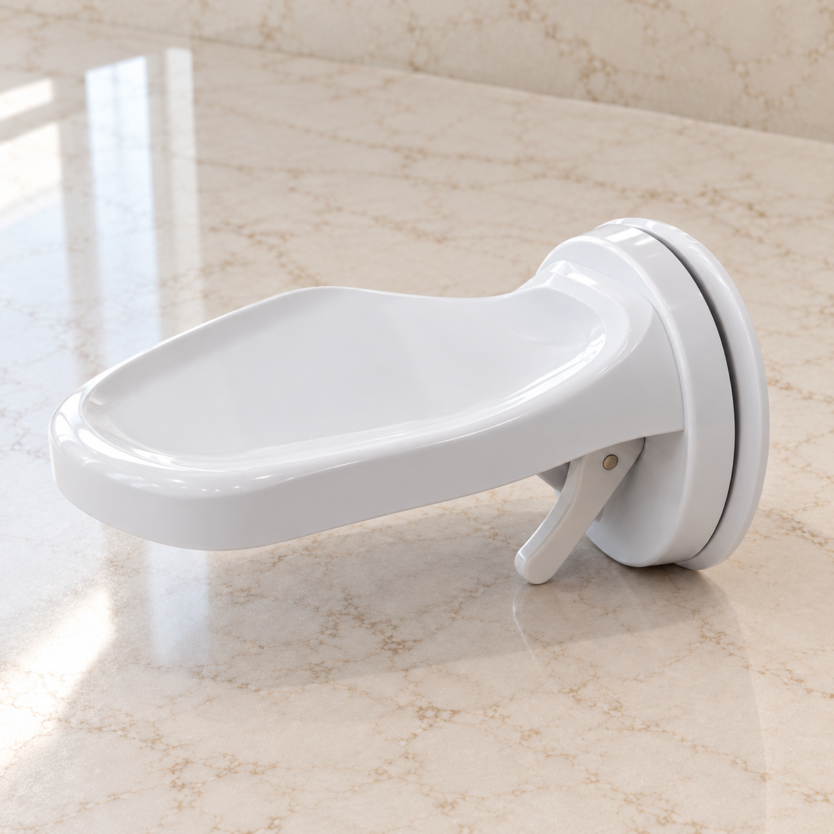 Futo shower footrest with dished white platform, circular mount and curved lever