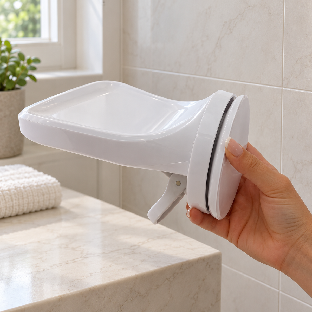 Detached white Futo footrest with circular suction mount and curved lever.