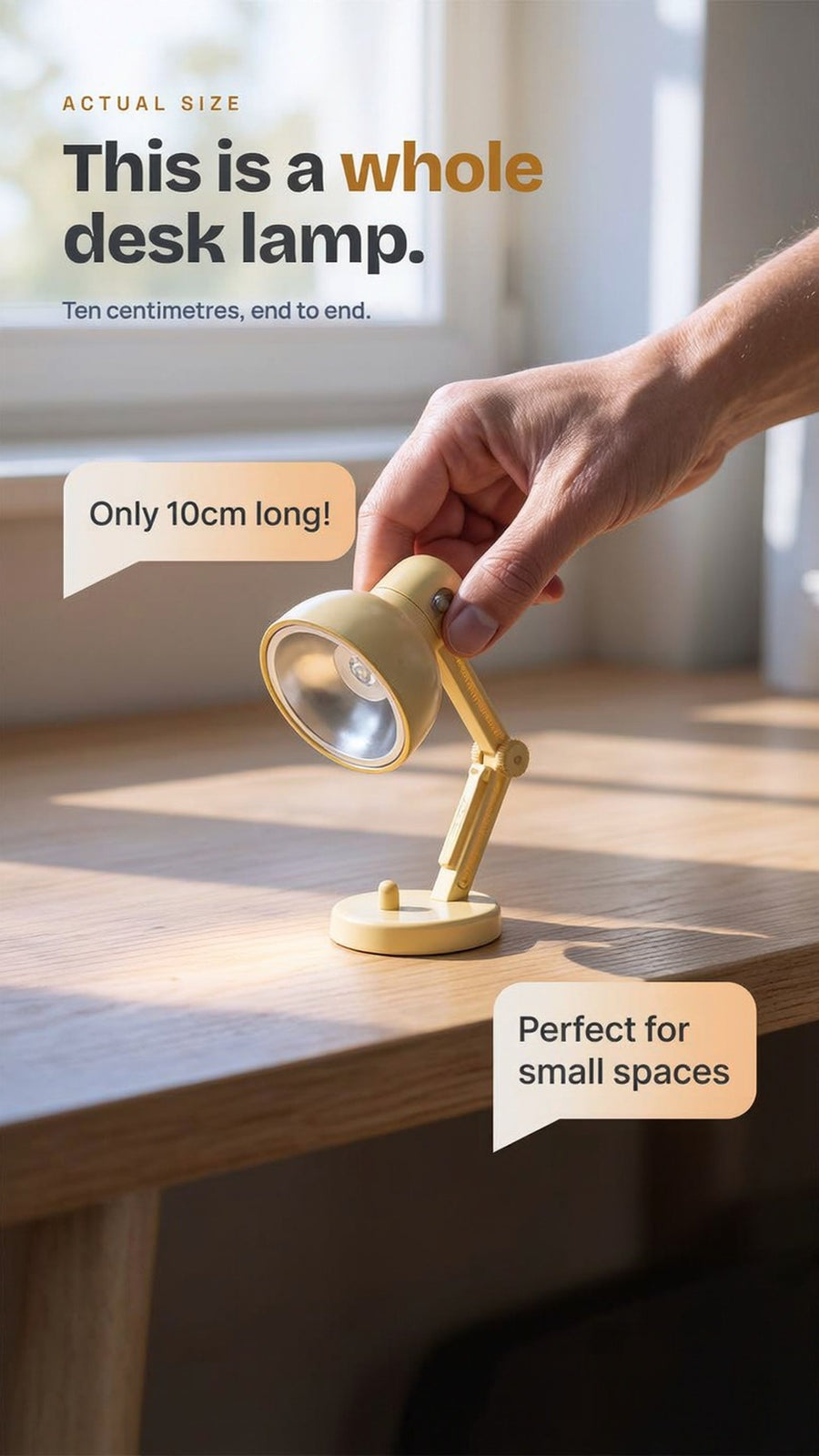 PERCH Mini Magnetic Desk Lamp shown at true scale and in several placements