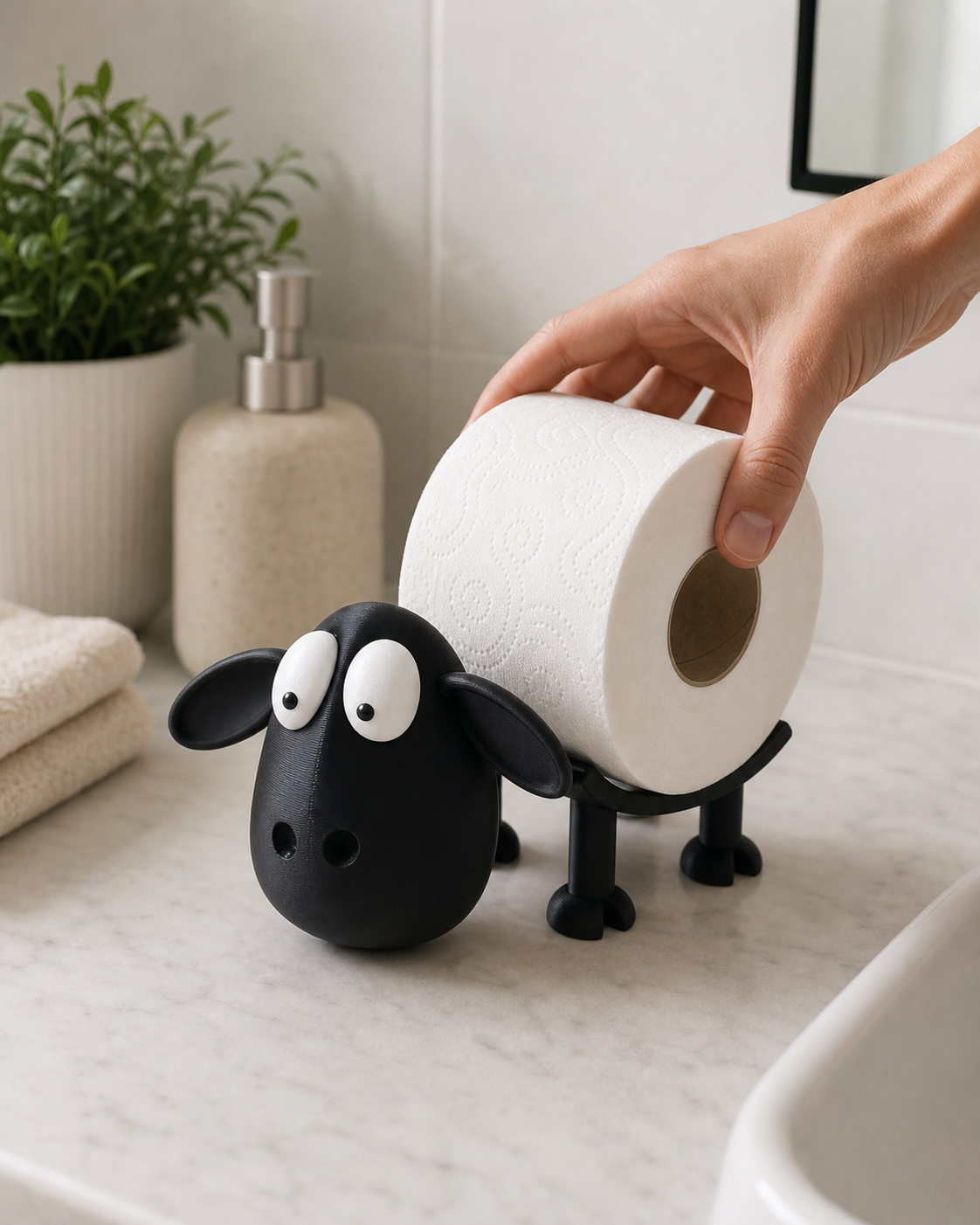 Loading a toilet roll onto the Wooly sheep holder
