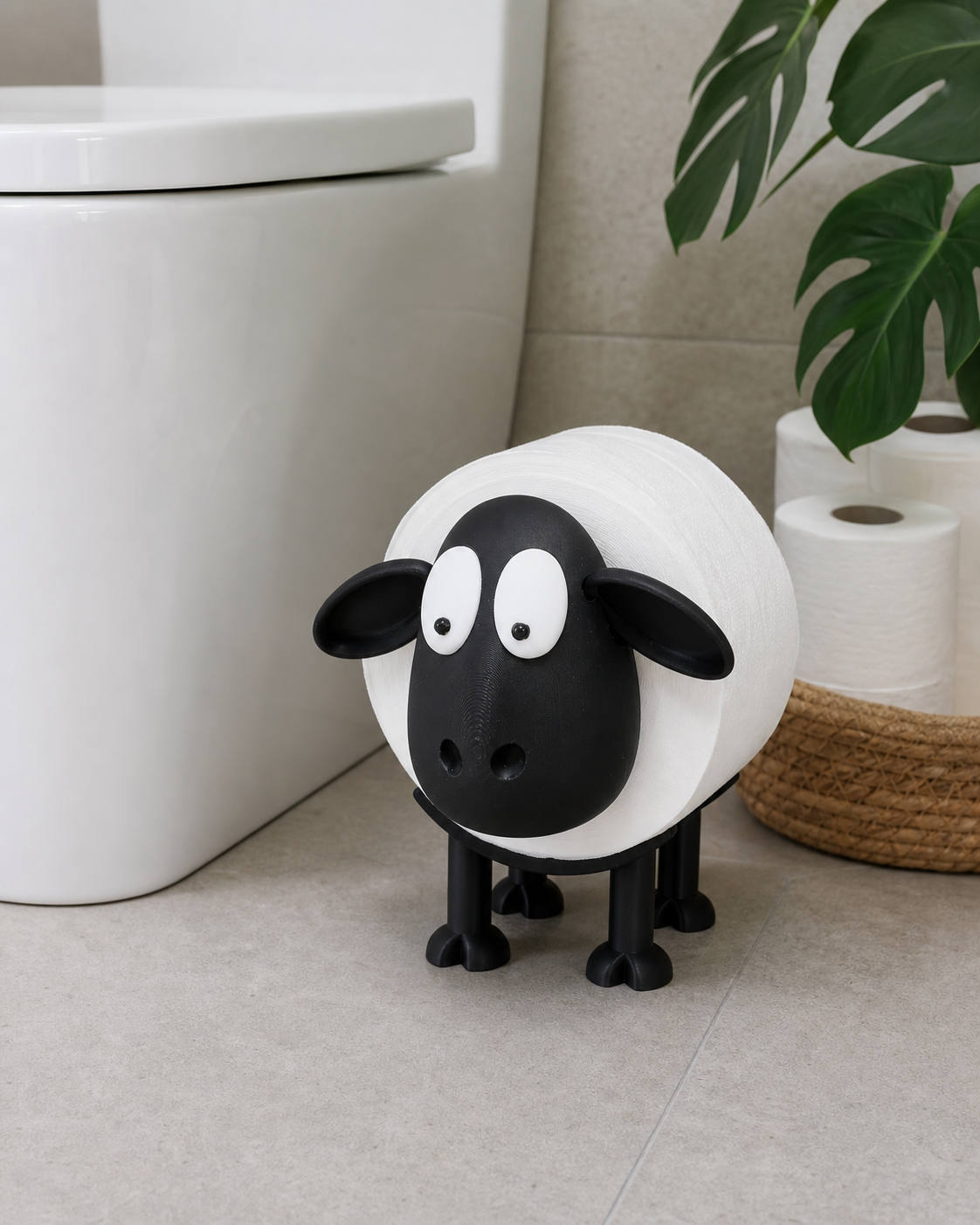 Wooly sheep toilet-roll holder standing in a bathroom