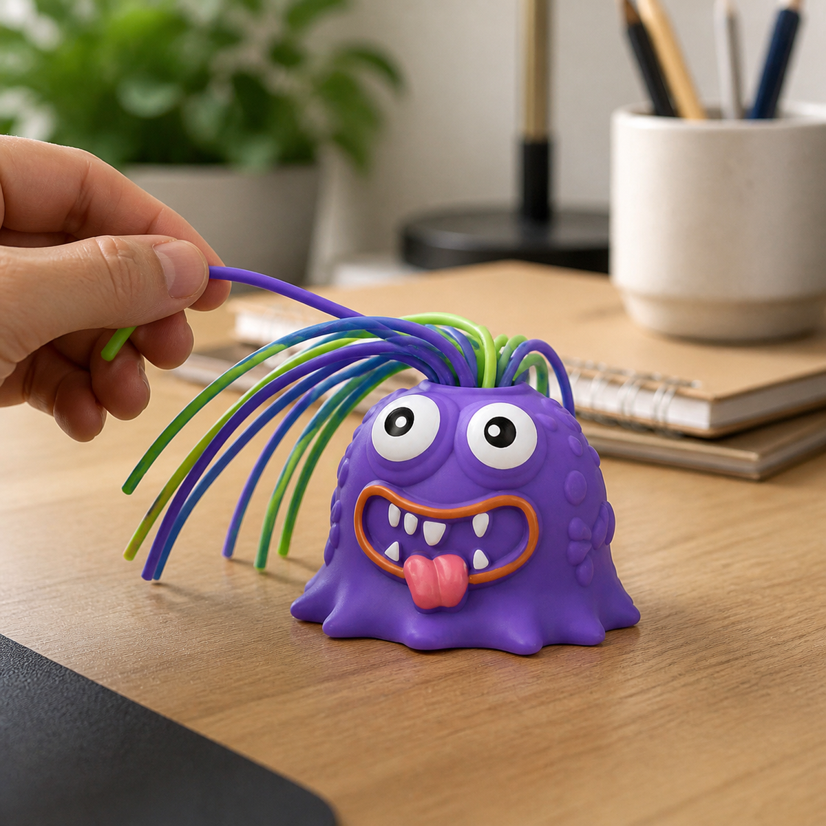Hand pulling the YOWL desk toy on a desk