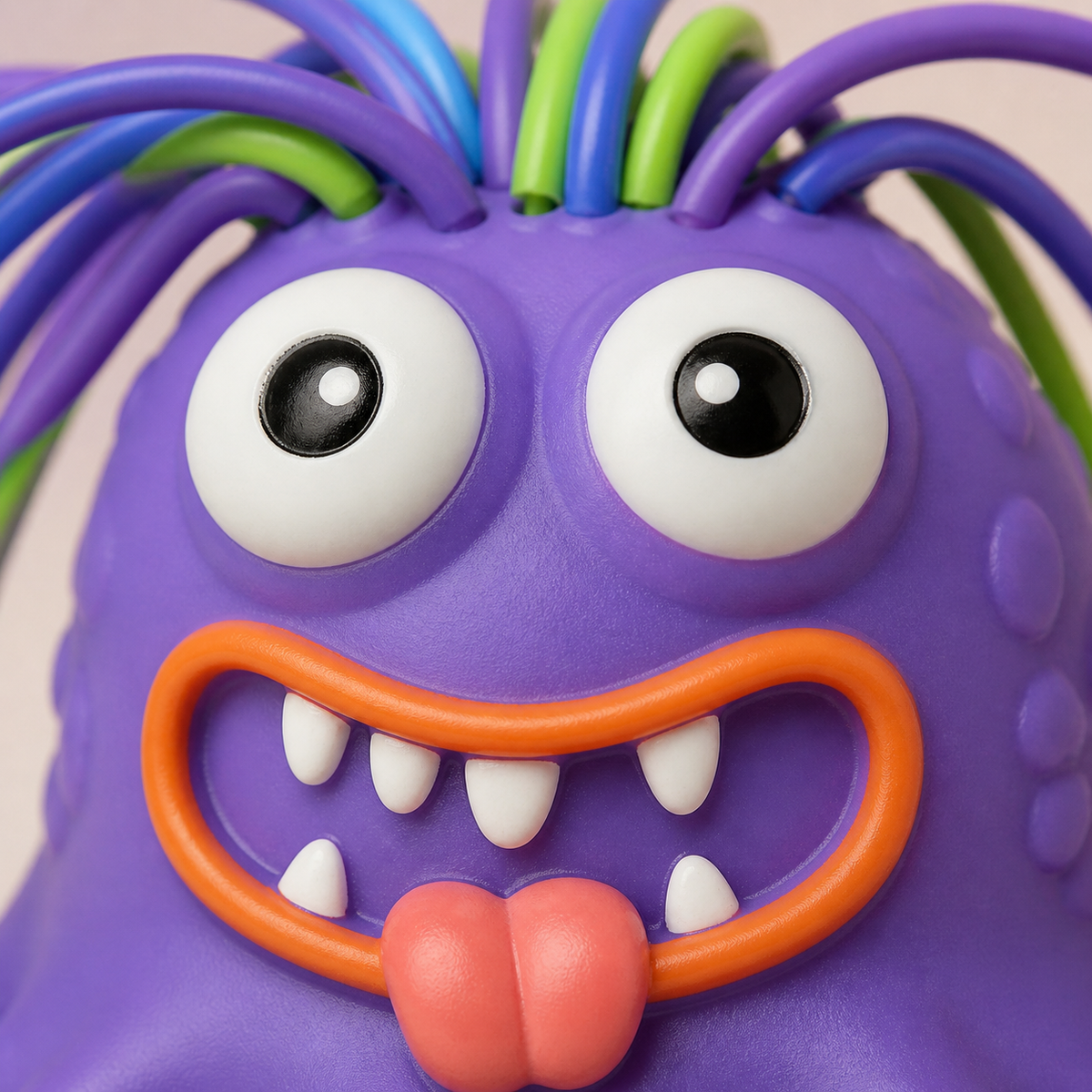 Close-up of the YOWL desk toy face and rubber strands